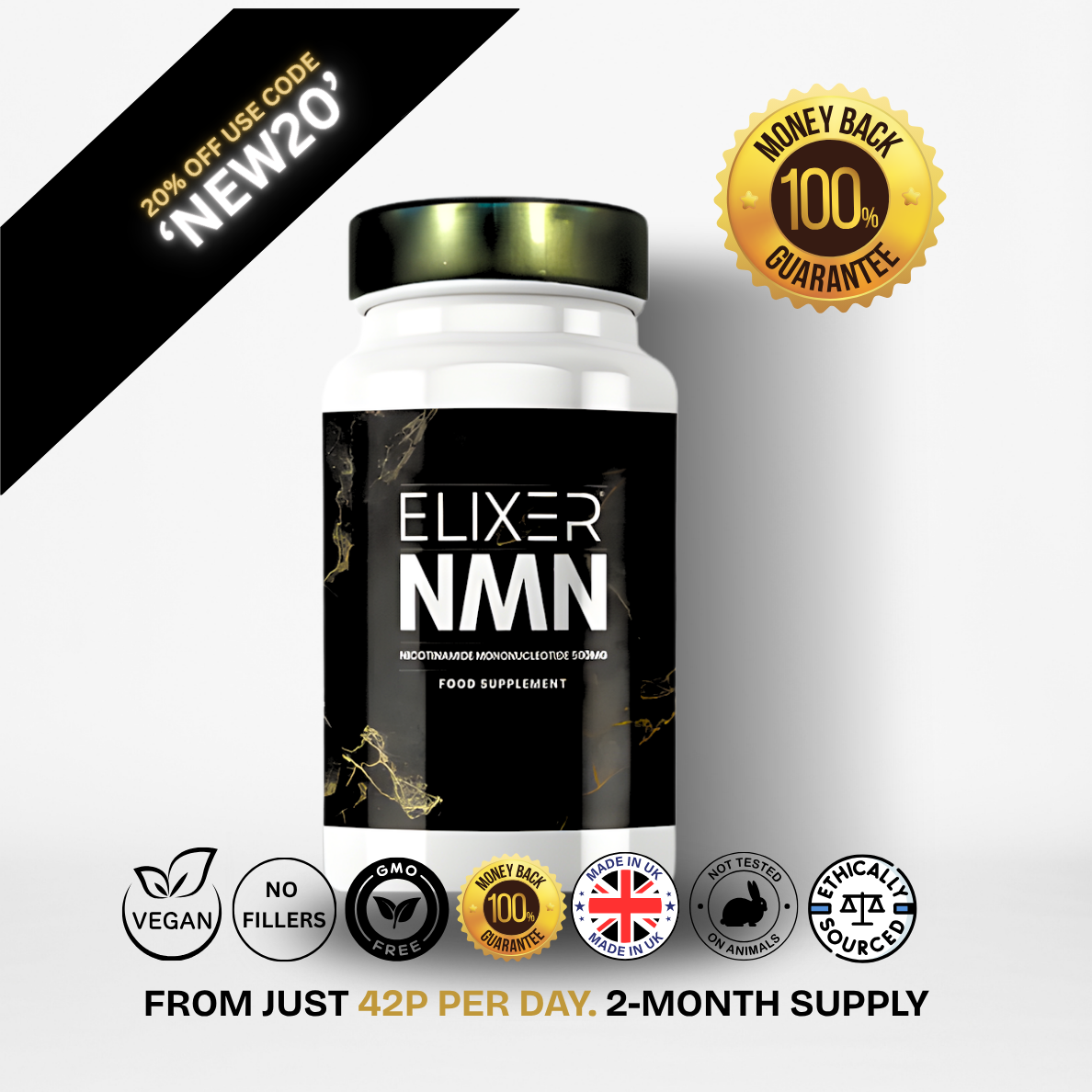 Elixer NMN Nicotinamide Mononucleotide (Delayed Release) 500mg 60 Capsules - 150ml